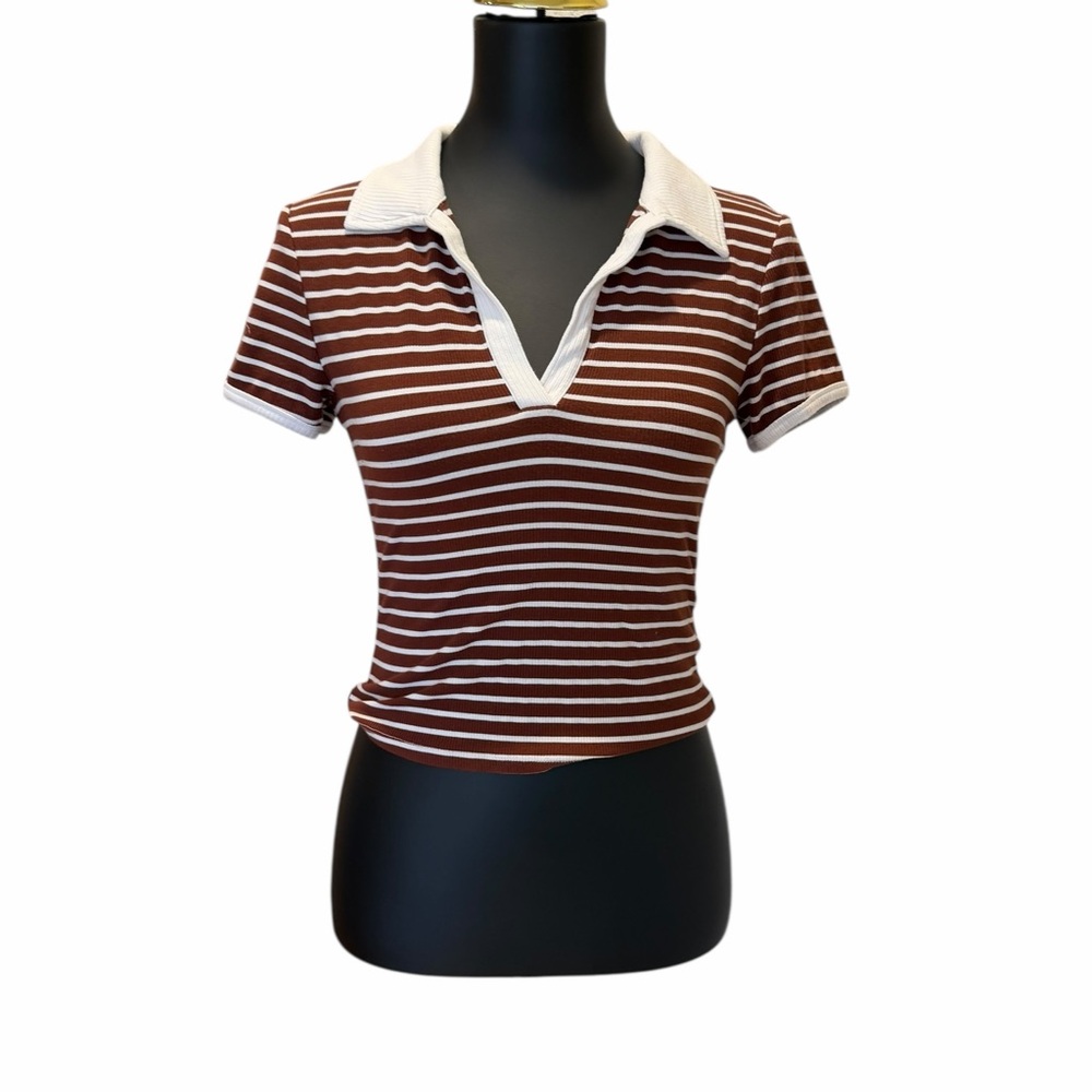 Brown with white Stripes Collared Cropped Baby Tee Y2K Size XS